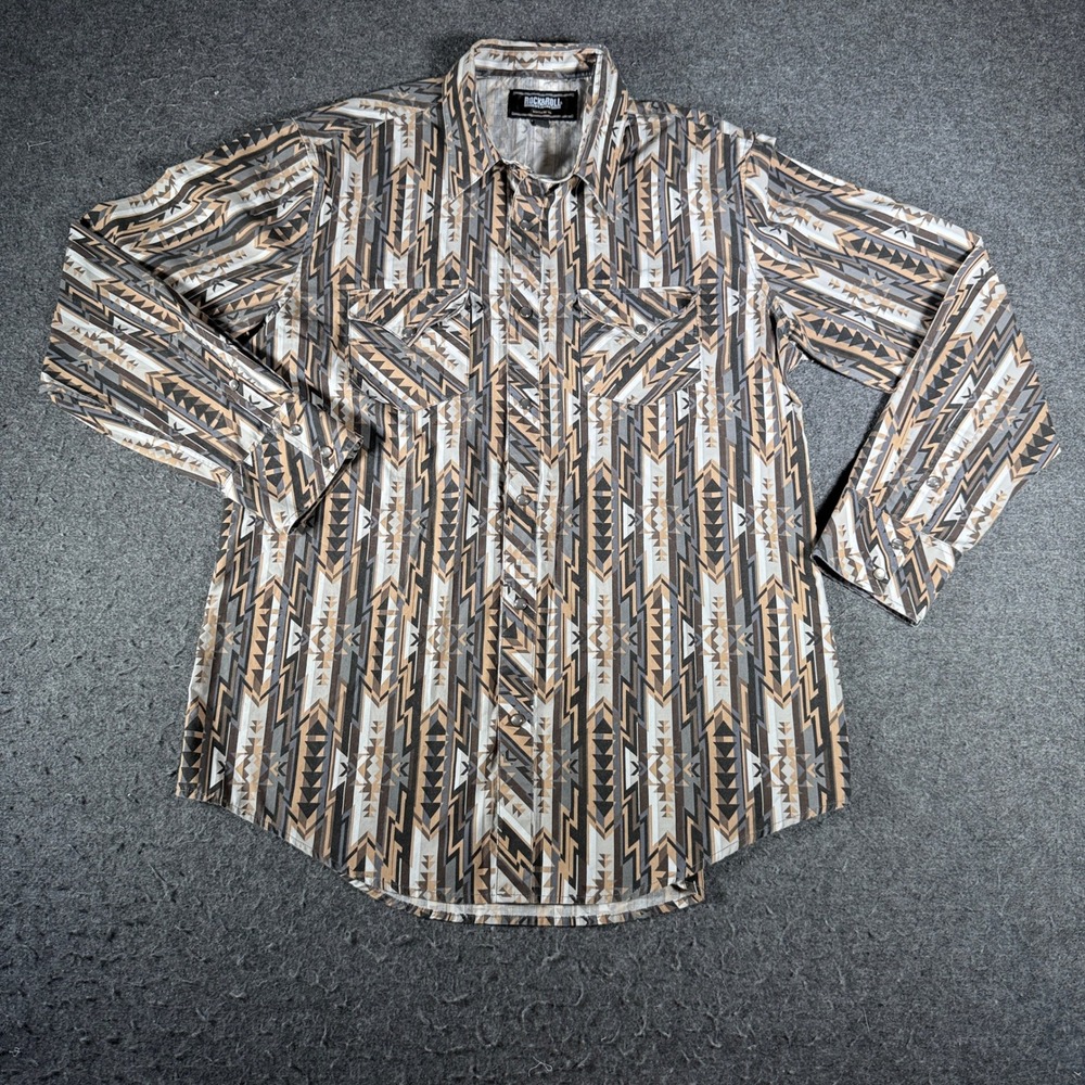 Rock and Roll Denim Mens XL Western Snap Shirt Geometric Tribal Print Brown Tan